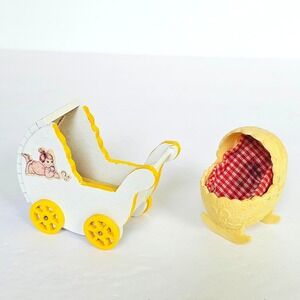 Vtg Retro Miniature Wooden Baby Carriage Plastic Bassinet Nursery Set Dollhouse